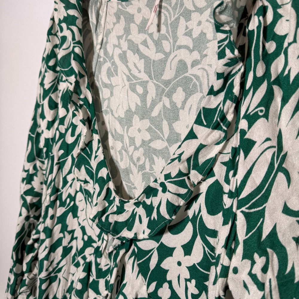 Free People Green White Floral Ruffle V-Neck Tiered Mini Dress Long Sleeve Large - Picture 3 of 6